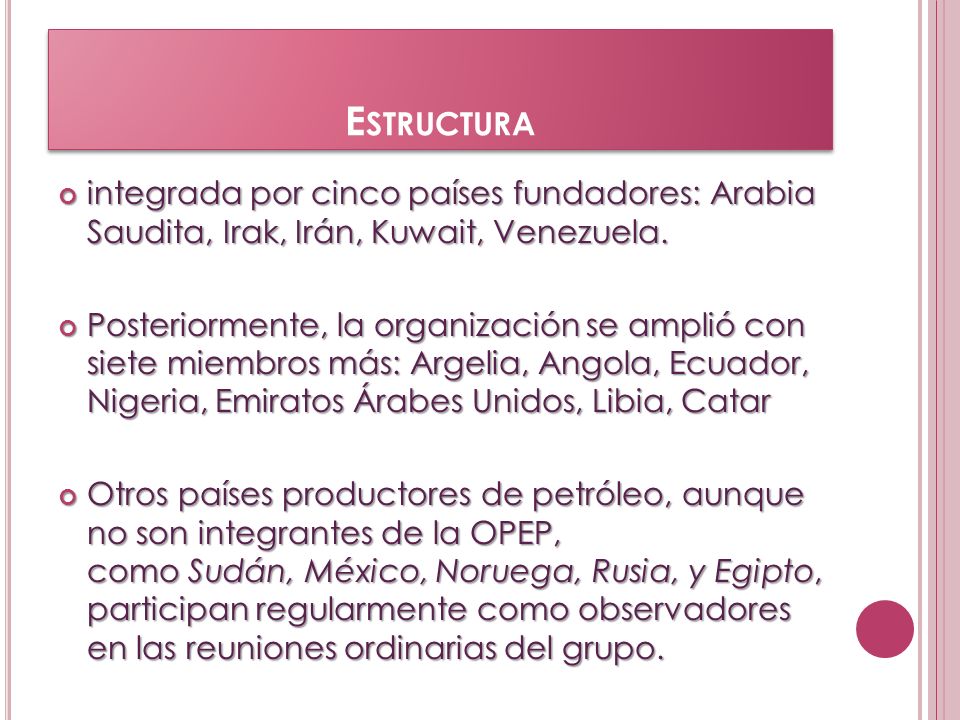 Estructura integrada por cinco países fundadores: Arabia Saudita, Irak, Irán, Kuwait, Venezuela.