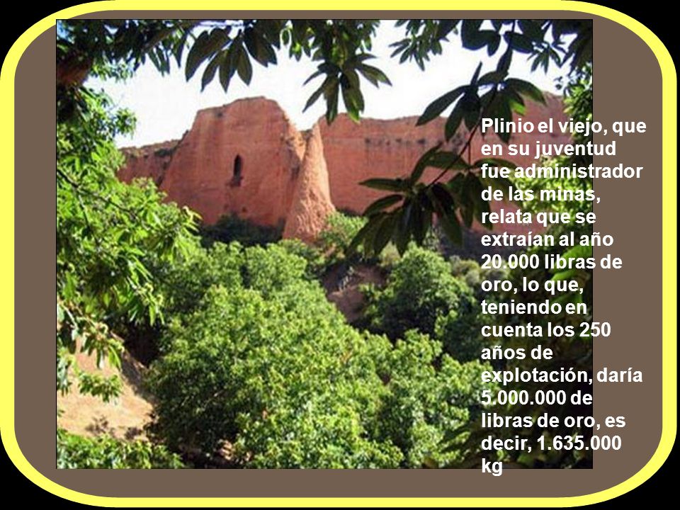 Plinio el viejo, que en su juventud fue administrador de las minas, relata que se extraían al año libras de oro, lo que, teniendo en cuenta los 250 años de explotación, daría de libras de oro, es decir, kg