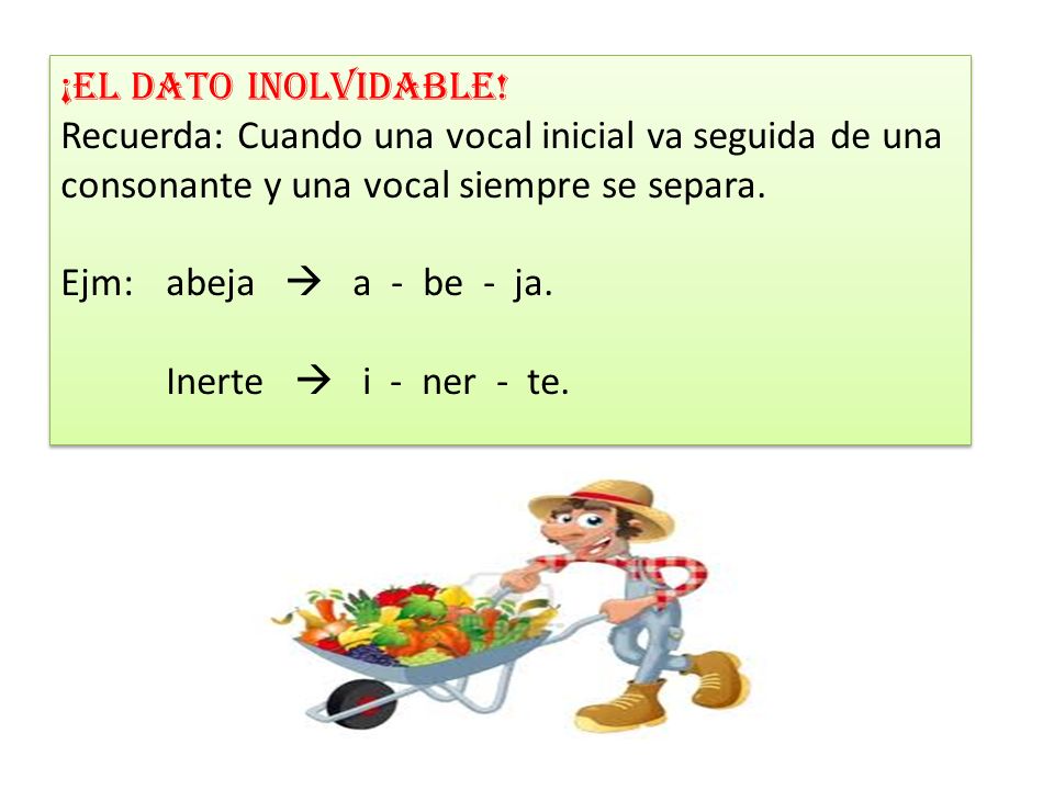 ¡El dato inolvidable! Recuerda: Cuando una vocal inicial va seguida de una consonante y una vocal siempre se separa.