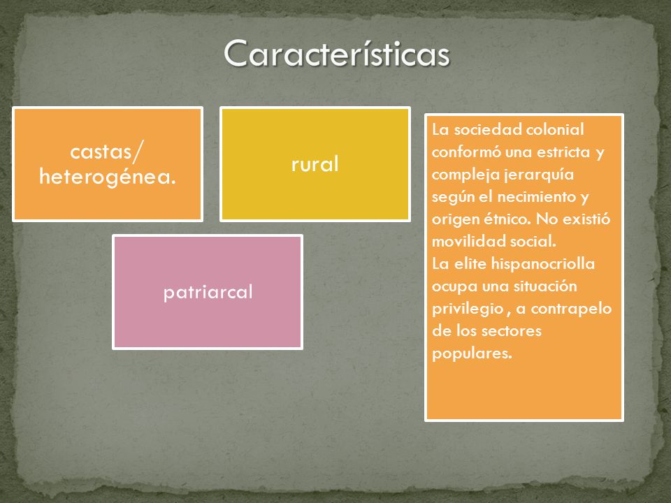 Características castas/ heterogénea. rural patriarcal