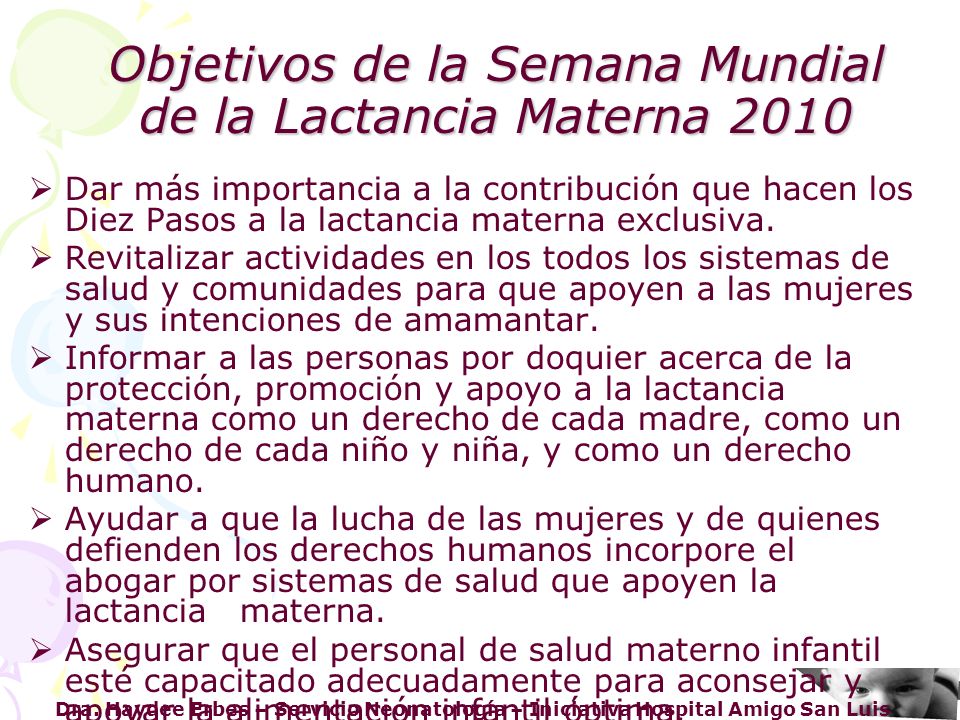 Objetivos de la Semana Mundial de la Lactancia Materna 2010