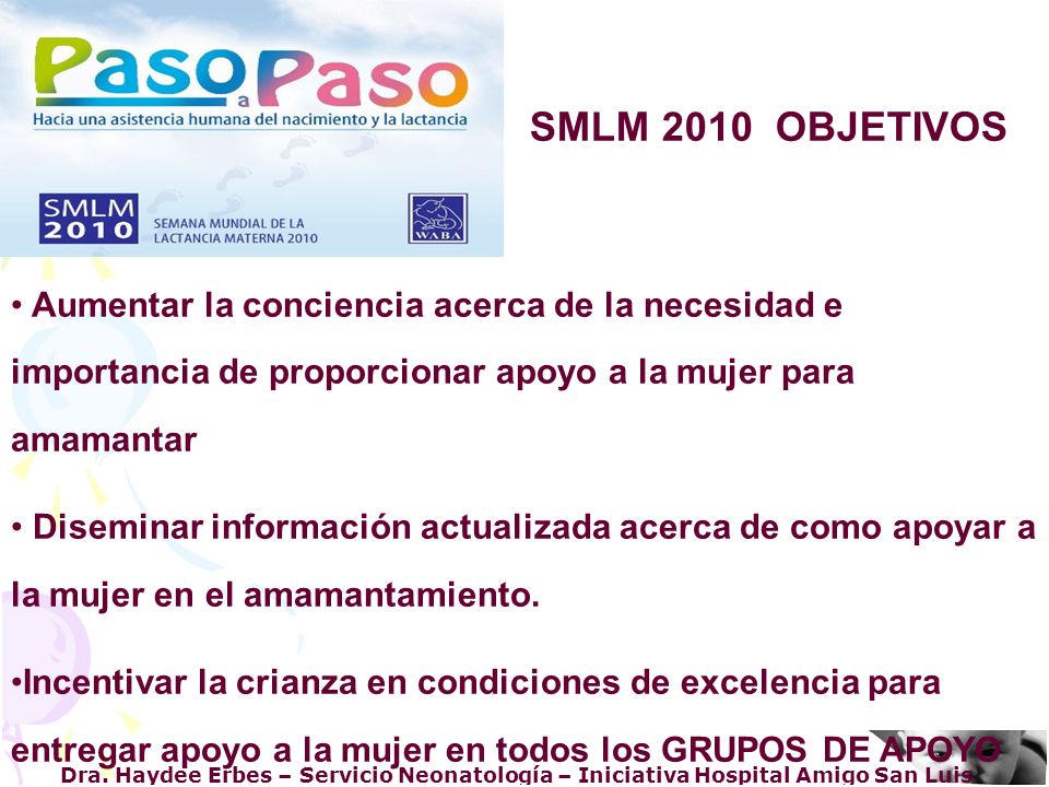 SMLM 2010 OBJETIVOS Aumentar la conciencia acerca de la necesidad e importancia de proporcionar apoyo a la mujer para amamantar.