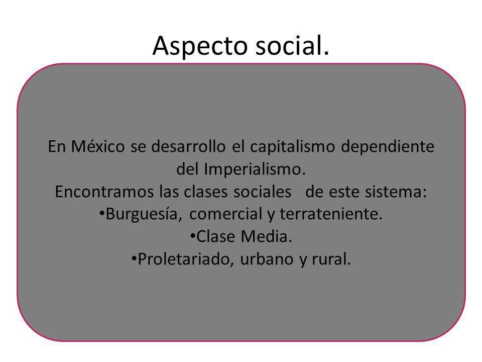 Aspecto social. En México se desarrollo el capitalismo dependiente del Imperialismo. Encontramos las clases sociales de este sistema: