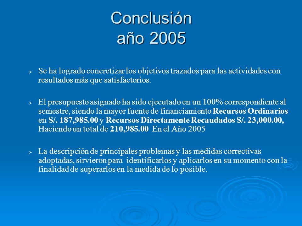 Conclusión año 2005 Se ha logrado concretizar los objetivos trazados para las actividades con resultados más que satisfactorios.