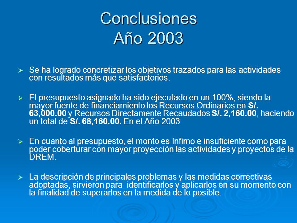 Conclusiones Año 2003 Se ha logrado concretizar los objetivos trazados para las actividades con resultados más que satisfactorios.