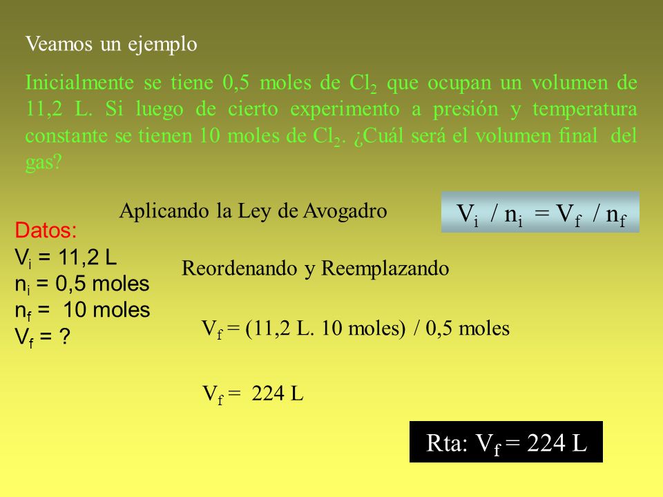 Vi / ni = Vf / nf Rta: Vf = 224 L Veamos un ejemplo
