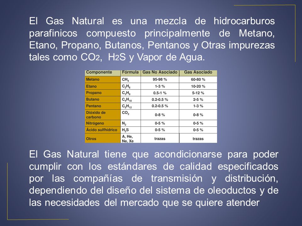 El Gas Natural es una mezcla de hidrocarburos parafinicos compuesto principalmente de Metano, Etano, Propano, Butanos, Pentanos y Otras impurezas tales como CO2, H2S y Vapor de Agua.