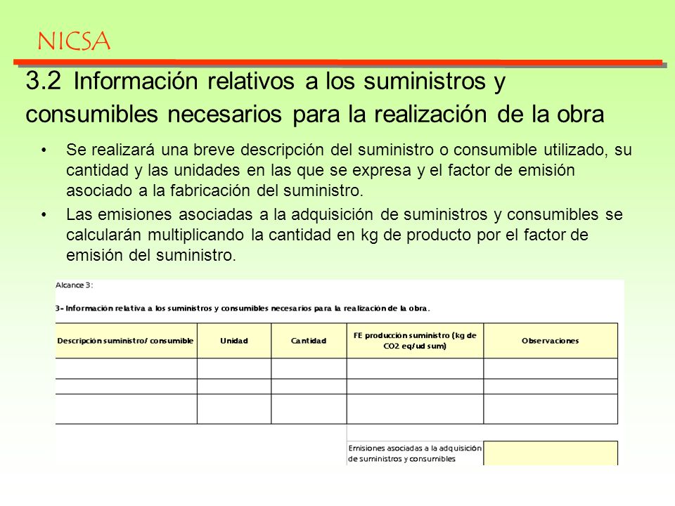 NICSA 3.2 Información relativos a los suministros y consumibles necesarios para la realización de la obra.