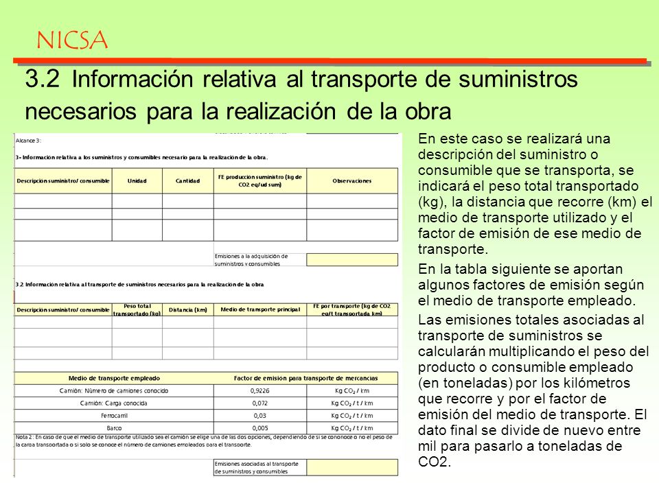 NICSA 3.2 Información relativa al transporte de suministros necesarios para la realización de la obra.