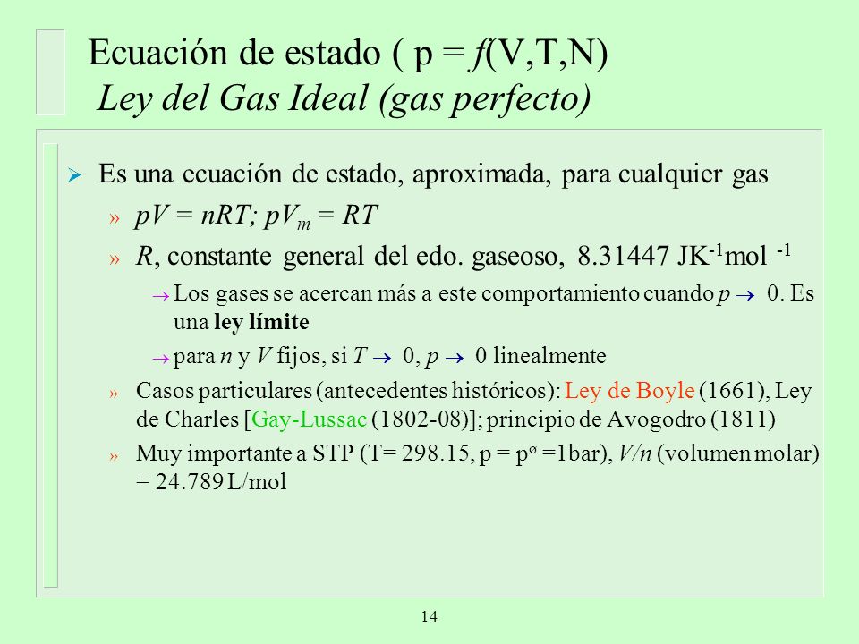 Ecuación de estado ( p = f(V,T,N) Ley del Gas Ideal (gas perfecto)