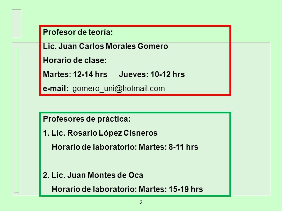Profesor de teoría: Lic. Juan Carlos Morales Gomero. Horario de clase: Martes: hrs Jueves: hrs.