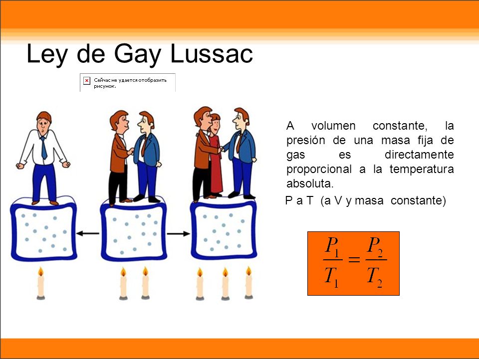 Ley de Gay Lussac A volumen constante, la presión de una masa fija de gas es directamente proporcional a la temperatura absoluta.