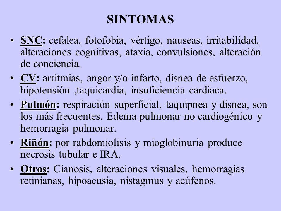 SINTOMAS SNC: cefalea, fotofobia, vértigo, nauseas, irritabilidad, alteraciones cognitivas, ataxia, convulsiones, alteración de conciencia.