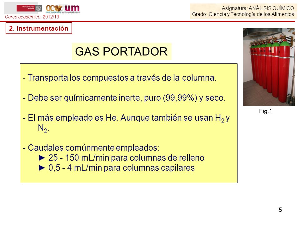 GAS PORTADOR Debe ser químicamente inerte, puro (99,99%) y seco.