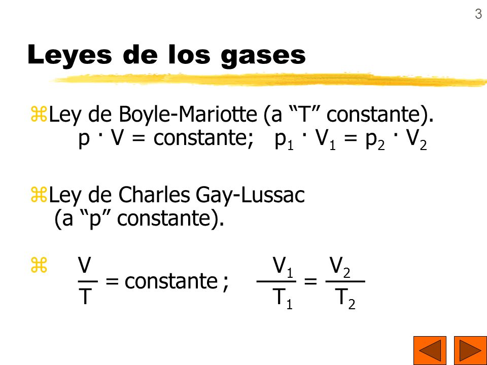 Leyes de los gases Ley de Boyle-Mariotte (a T constante). p · V = constante; p1 · V1 = p2 · V2.