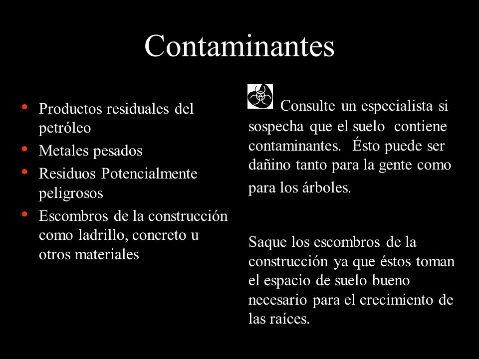 Contaminantes Consulte un especialista si sospecha que el suelo contiene contaminantes. Ésto puede ser dañino tanto para la gente como.