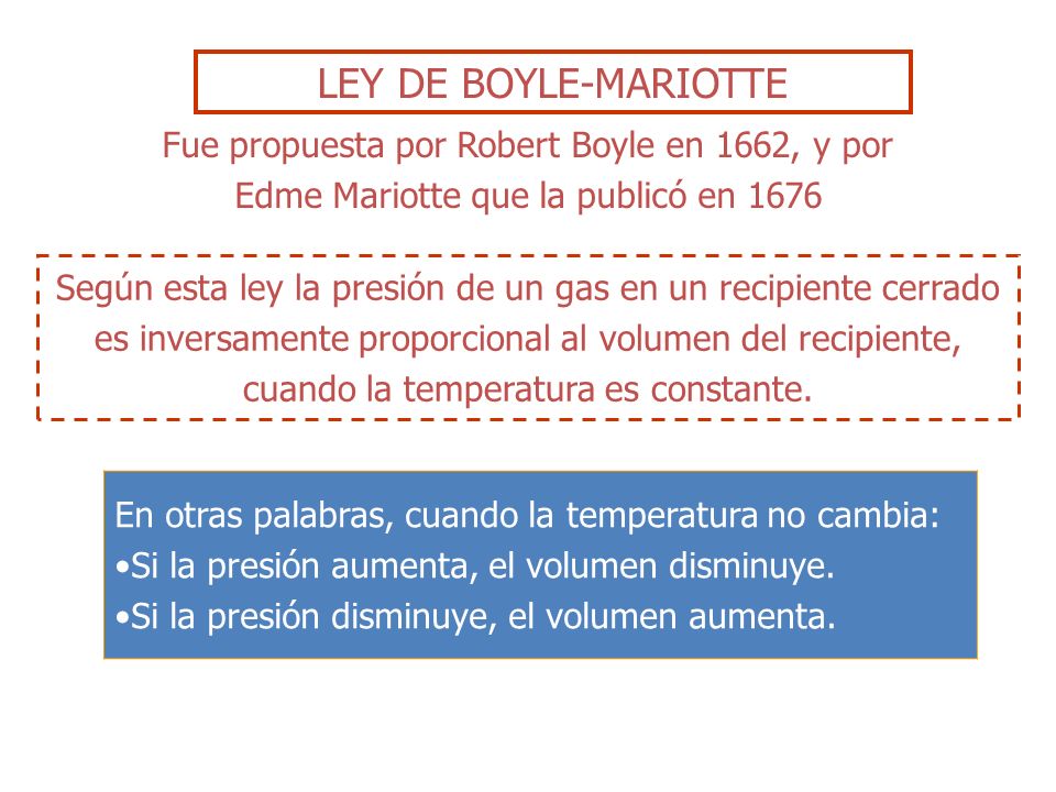 LEY DE BOYLE-MARIOTTE Fue propuesta por Robert Boyle en 1662, y por Edme Mariotte que la publicó en