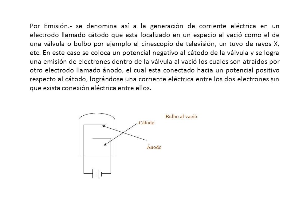Por Emisión.- se denomina así a la generación de corriente eléctrica en un electrodo llamado cátodo que esta localizado en un espacio al vació como el de una válvula o bulbo por ejemplo el cinescopio de televisión, un tuvo de rayos X, etc.
