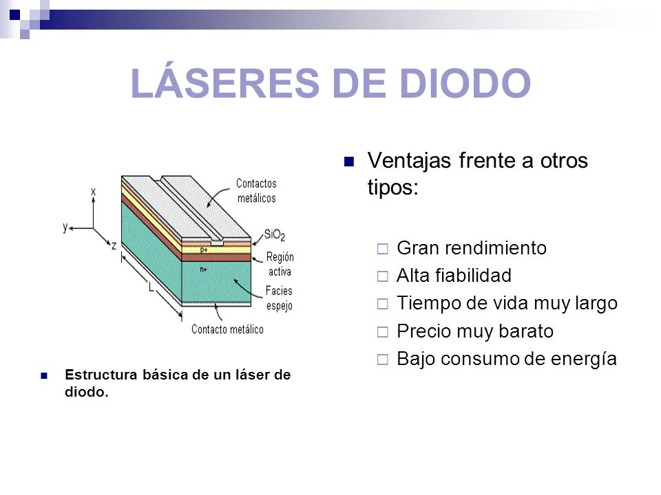 LÁSERES DE DIODO Ventajas frente a otros tipos: Gran rendimiento