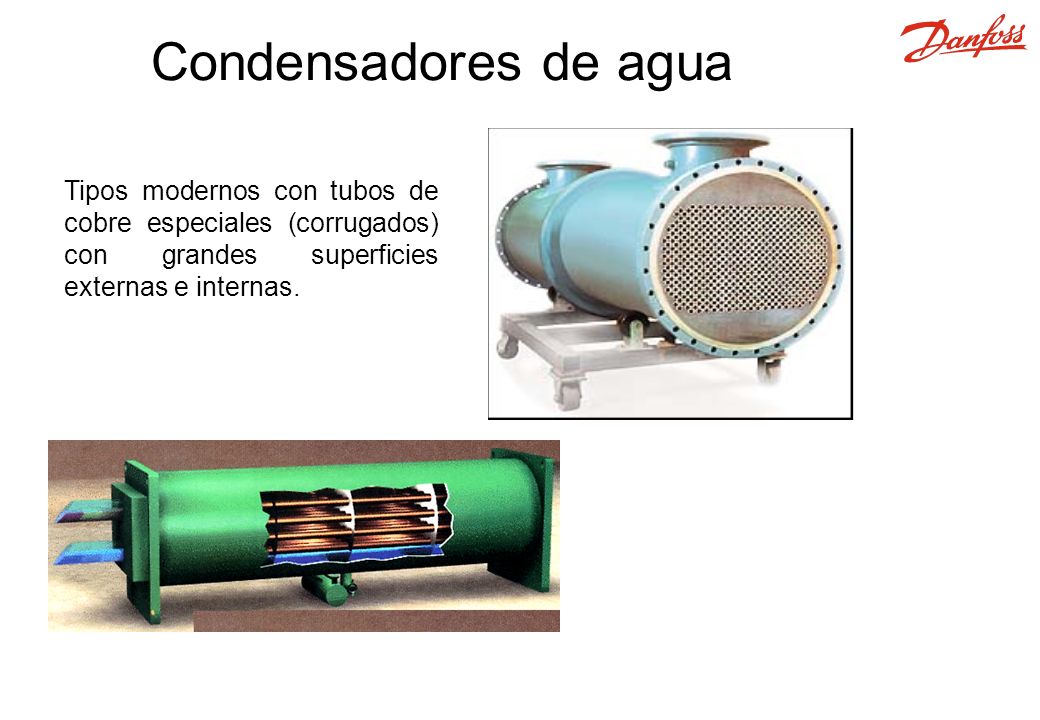 Condensadores de agua Tipos modernos con tubos de cobre especiales (corrugados) con grandes superficies externas e internas.