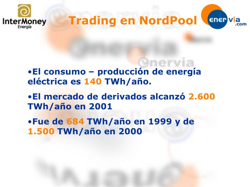 Trading en NordPool El consumo – producción de energía eléctrica es 140 TWh/año. El mercado de derivados alcanzó TWh/año en
