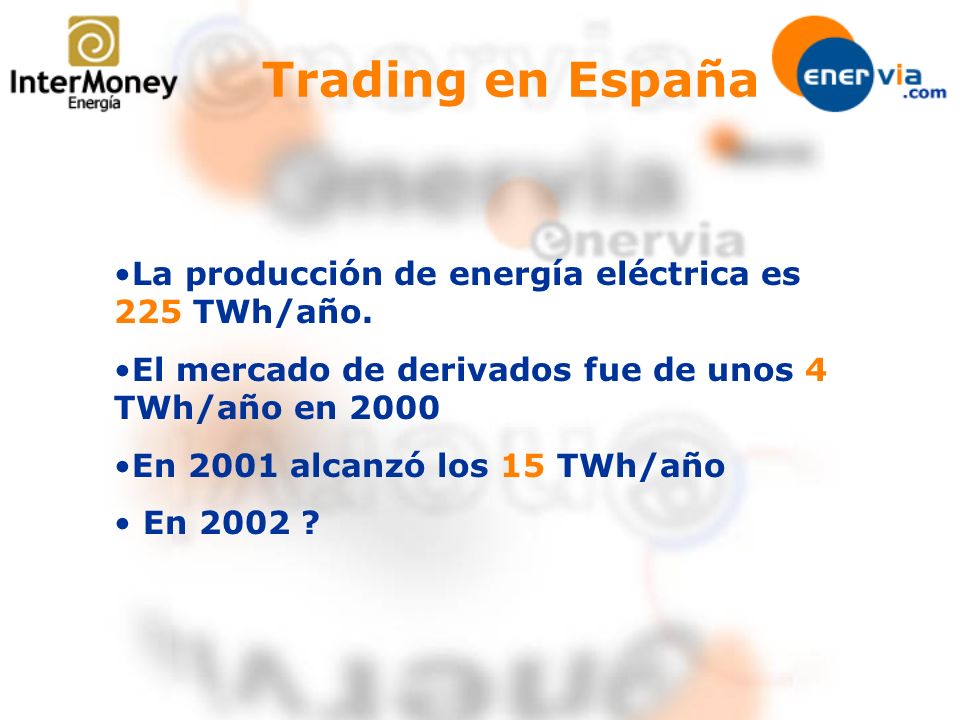 Trading en España La producción de energía eléctrica es 225 TWh/año.