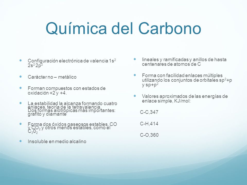 Química del Carbono Configuración electrónica de valencia 1s2 2s2 2p2