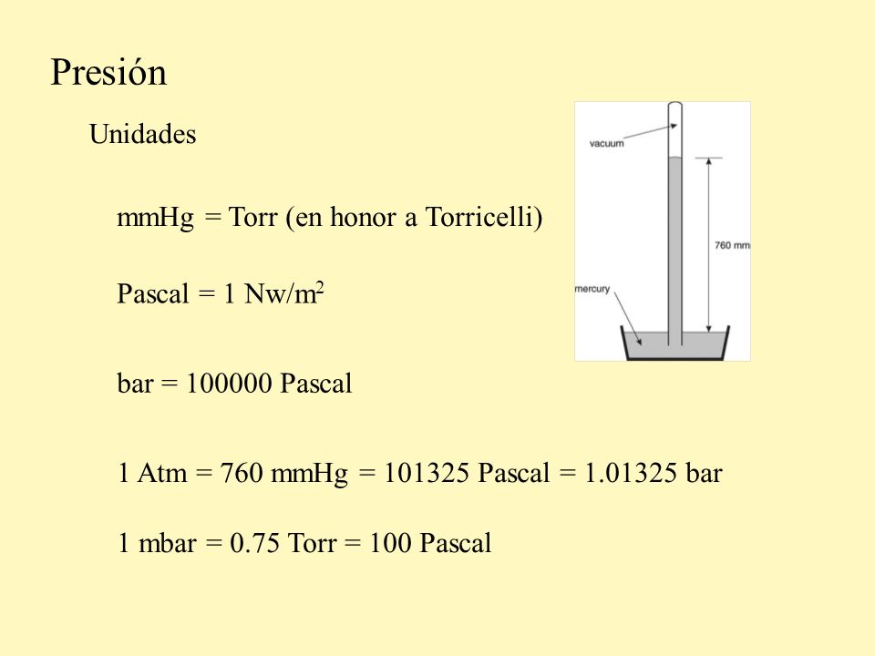 Presión Unidades mmHg = Torr (en honor a Torricelli) Pascal = 1 Nw/m2