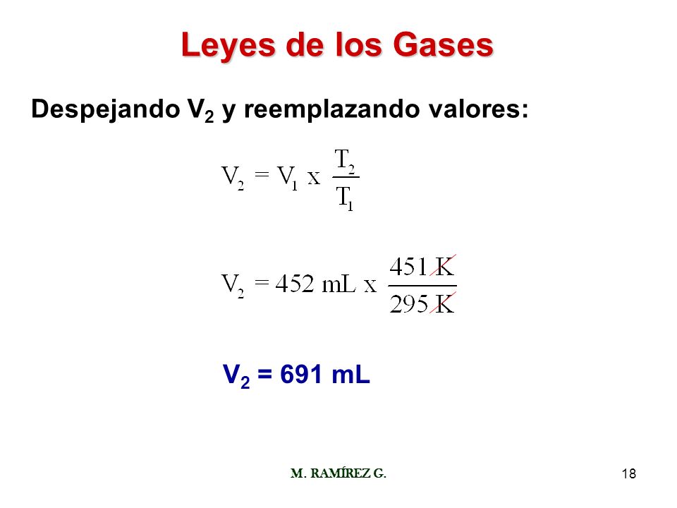Leyes de los Gases Despejando V2 y reemplazando valores: V2 = 691 mL