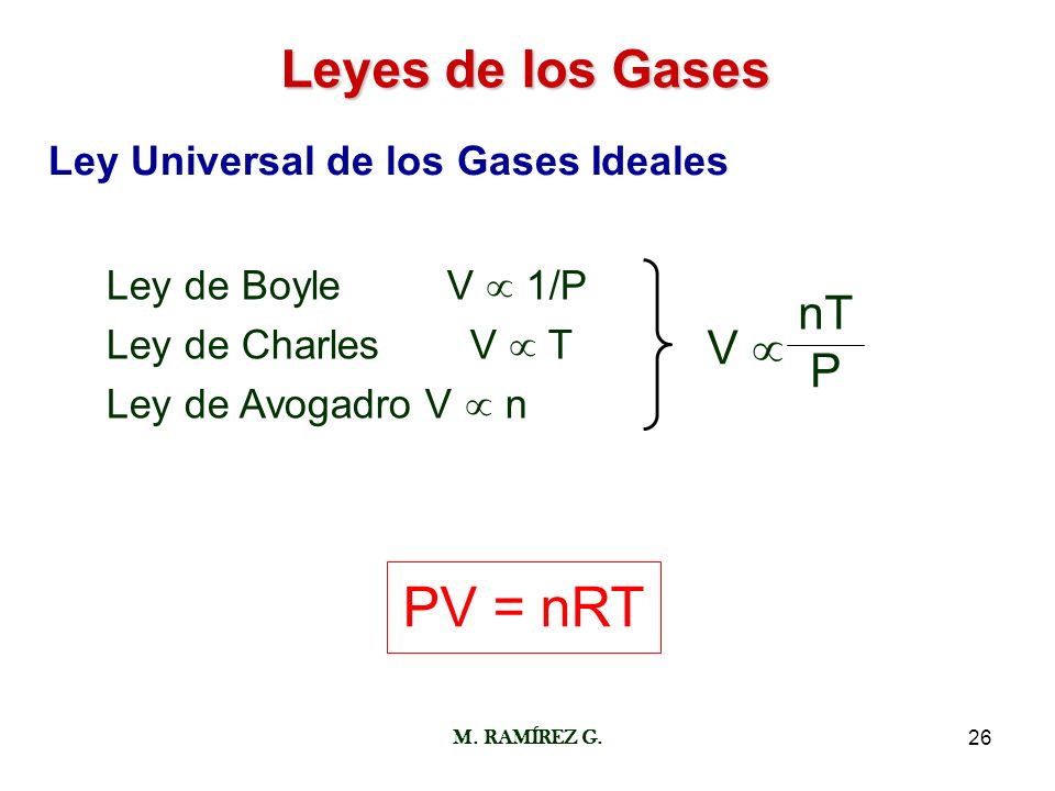 PV = nRT Leyes de los Gases nT V  P