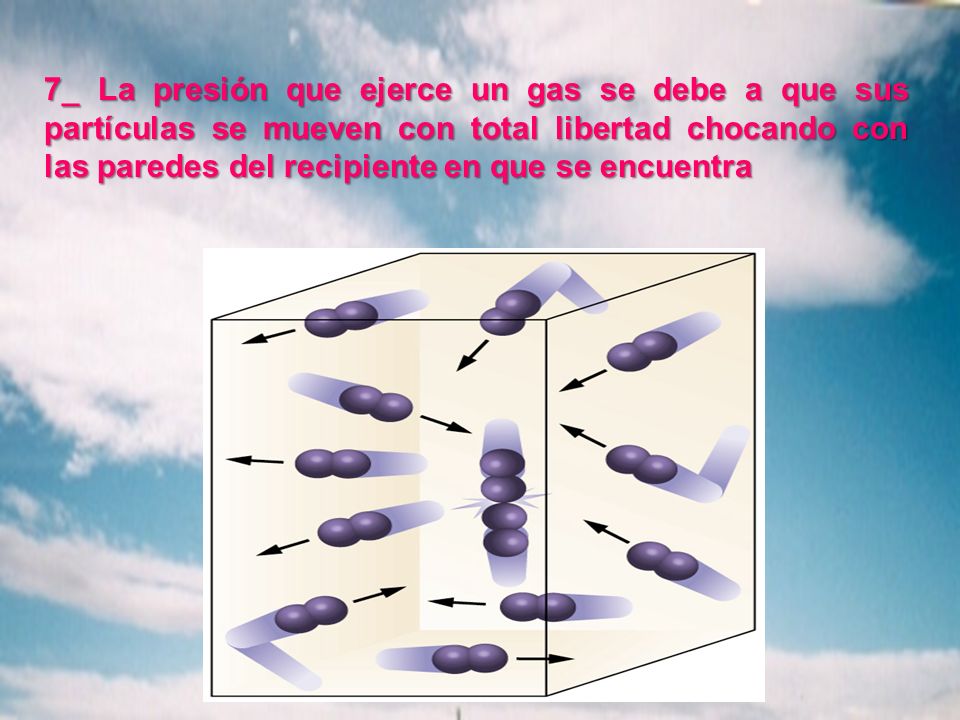 7_ La presión que ejerce un gas se debe a que sus partículas se mueven con total libertad chocando con las paredes del recipiente en que se encuentra