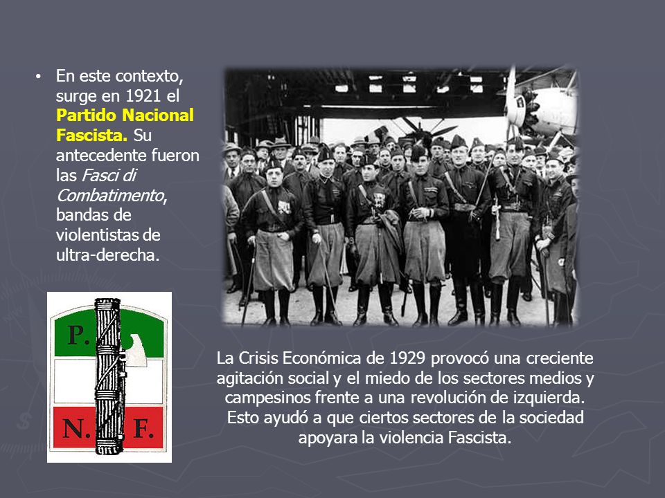 En este contexto, surge en 1921 el Partido Nacional Fascista