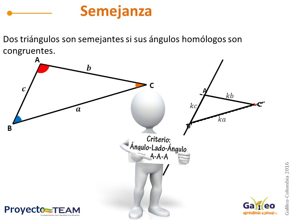 Semejanza Dos triángulos son semejantes si sus ángulos homólogos son congruentes. A. 𝒃. C. 𝒄. A’
