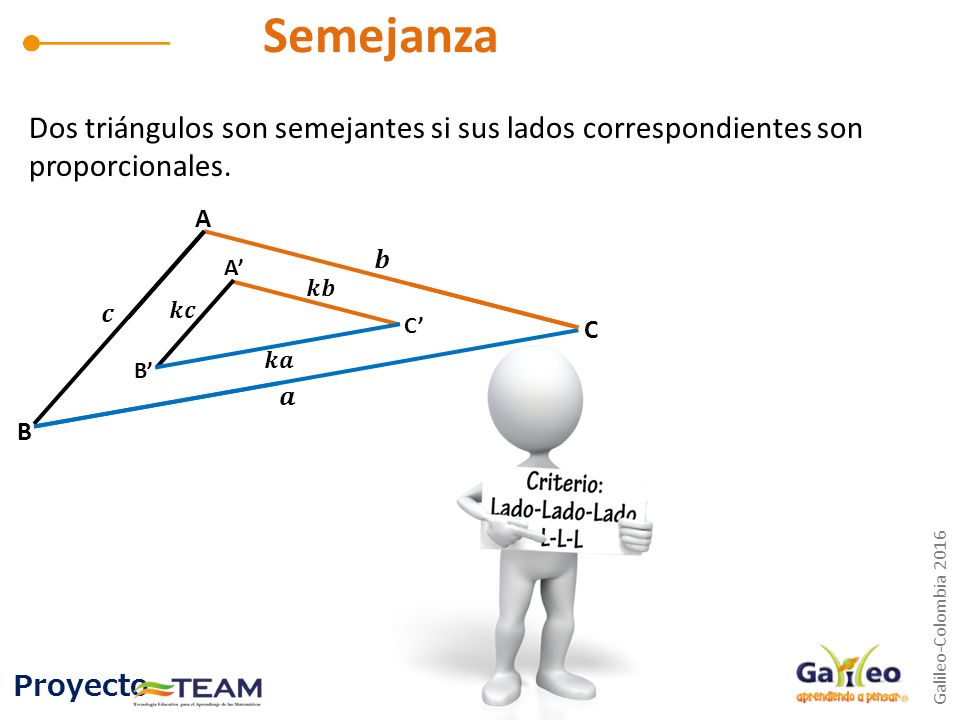 Semejanza Dos triángulos son semejantes si sus lados correspondientes son proporcionales. A. 𝒃. A’