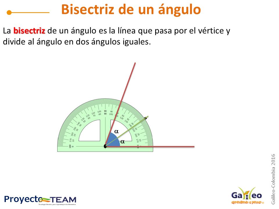 Bisectriz de un ángulo La bisectriz de un ángulo es la línea que pasa por el vértice y divide al ángulo en dos ángulos iguales.