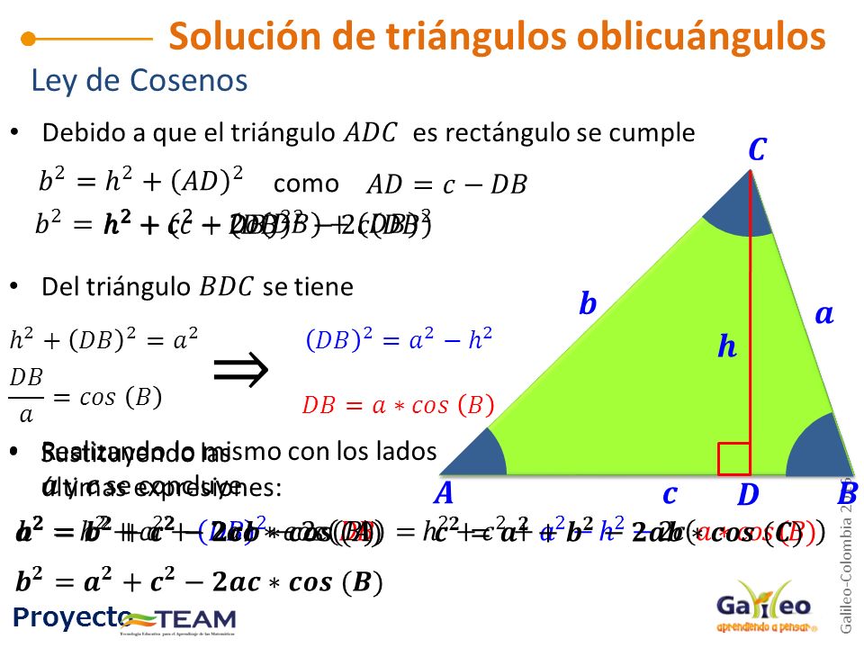⇒ Solución de triángulos oblicuángulos Ley de Cosenos 𝑪 𝒃 𝒂 𝒉 𝑨 𝒄 𝑫 𝑩