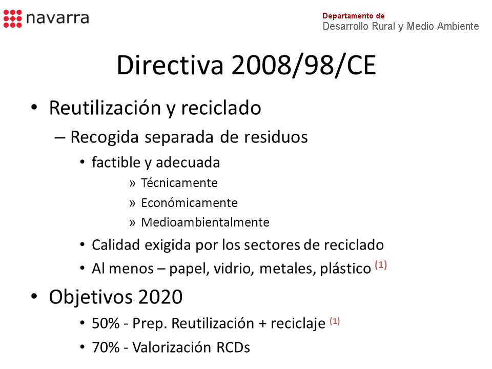 Directiva 2008/98/CE Reutilización y reciclado Objetivos 2020