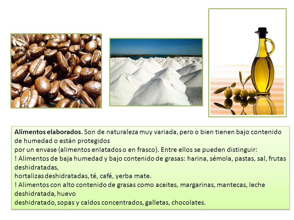 Alimentos elaborados. Son de naturaleza muy variada, pero o bien tienen bajo contenido de humedad o están protegidos