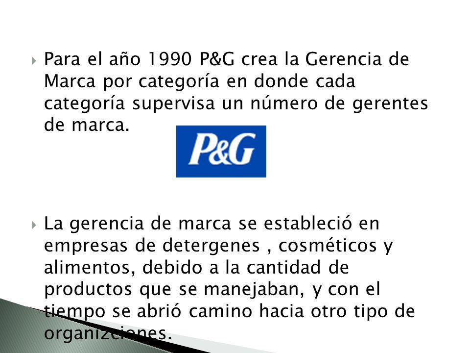 Para el año 1990 P&G crea la Gerencia de Marca por categoría en donde cada categoría supervisa un número de gerentes de marca.