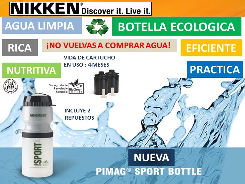 No olvide la alternativa inteligente al agua embotellada, la botella deportiva PiMag de Nikken. Nikken ha logrado incorporar excepcionalmente todos los componentes que participan en las distintas etapas de filtración en una botella compacta y resistente. ¡Ahora podrá disfrutar de Agua Pi Pura y deliciosa donde quiera que vaya!