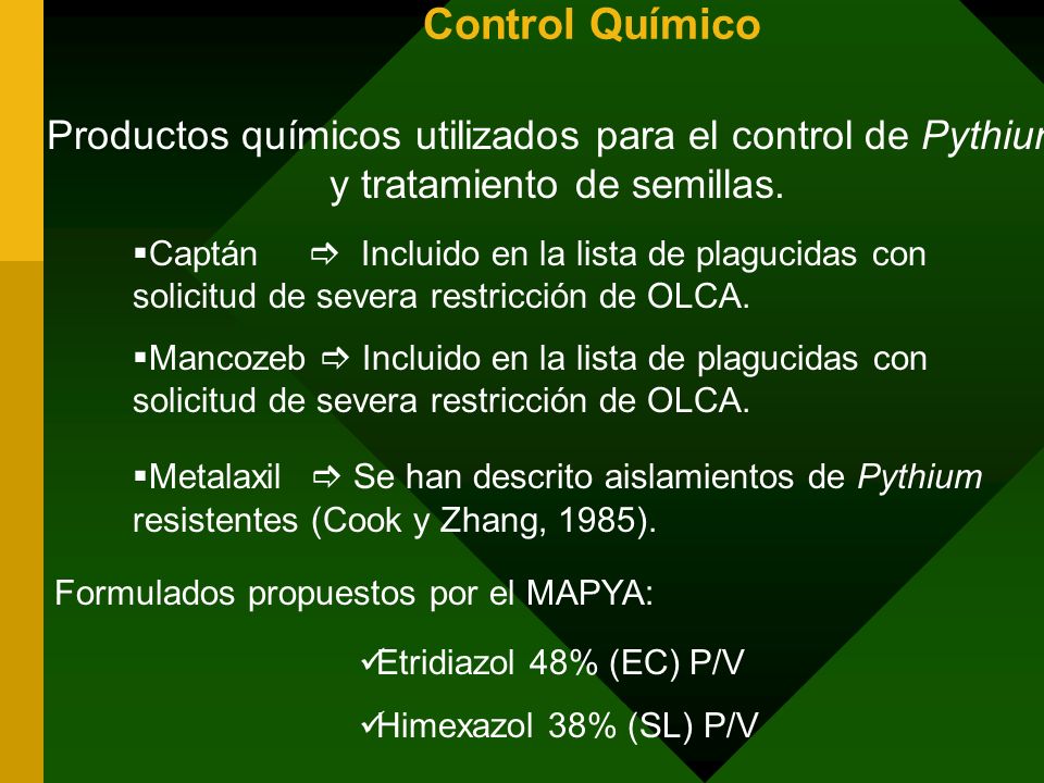 Control Químico Productos químicos utilizados para el control de Pythium y tratamiento de semillas.