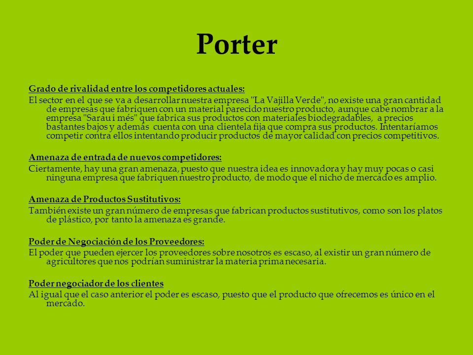 Porter Grado de rivalidad entre los competidores actuales: