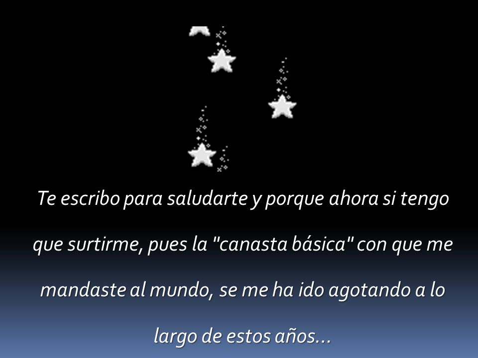 Te escribo para saludarte y porque ahora si tengo que surtirme, pues la canasta básica con que me mandaste al mundo, se me ha ido agotando a lo largo de estos años…