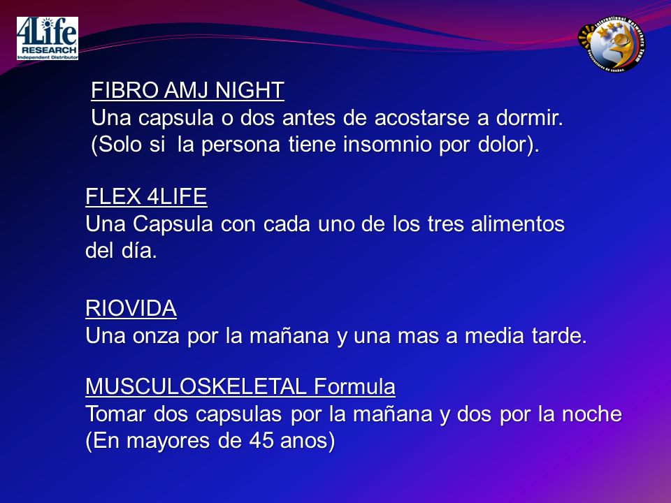 FIBRO AMJ NIGHT Una capsula o dos antes de acostarse a dormir. (Solo si la persona tiene insomnio por dolor).