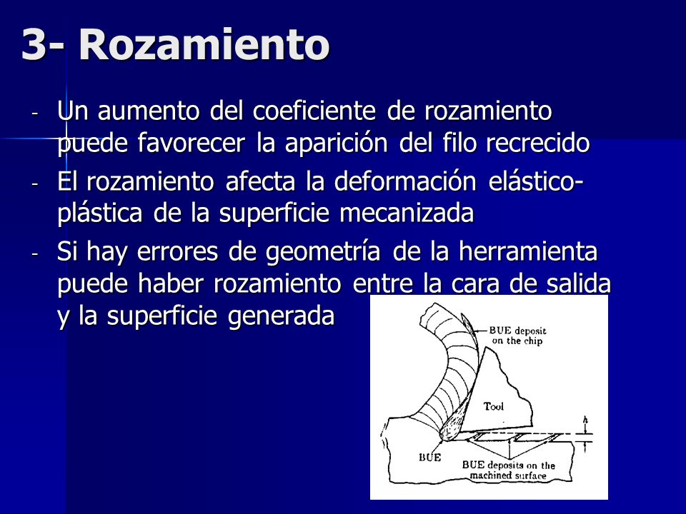 3- Rozamiento Un aumento del coeficiente de rozamiento puede favorecer la aparición del filo recrecido.