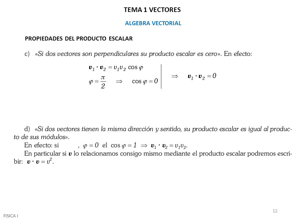 TEMA 1 VECTORES ALGEBRA VECTORIAL PROPIEDADES DEL PRODUCTO ESCALAR