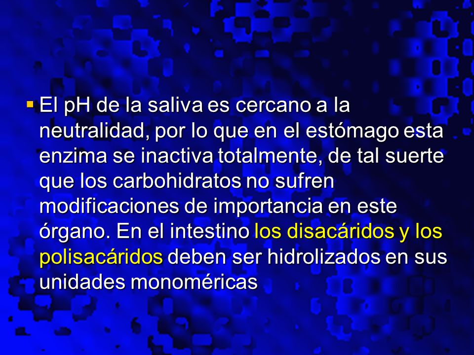 El pH de la saliva es cercano a la neutralidad, por lo que en el estómago esta enzima se inactiva totalmente, de tal suerte que los carbohidratos no sufren modificaciones de importancia en este órgano. En el intestino los disacáridos y los polisacáridos deben ser hidrolizados en sus unidades monoméricas
