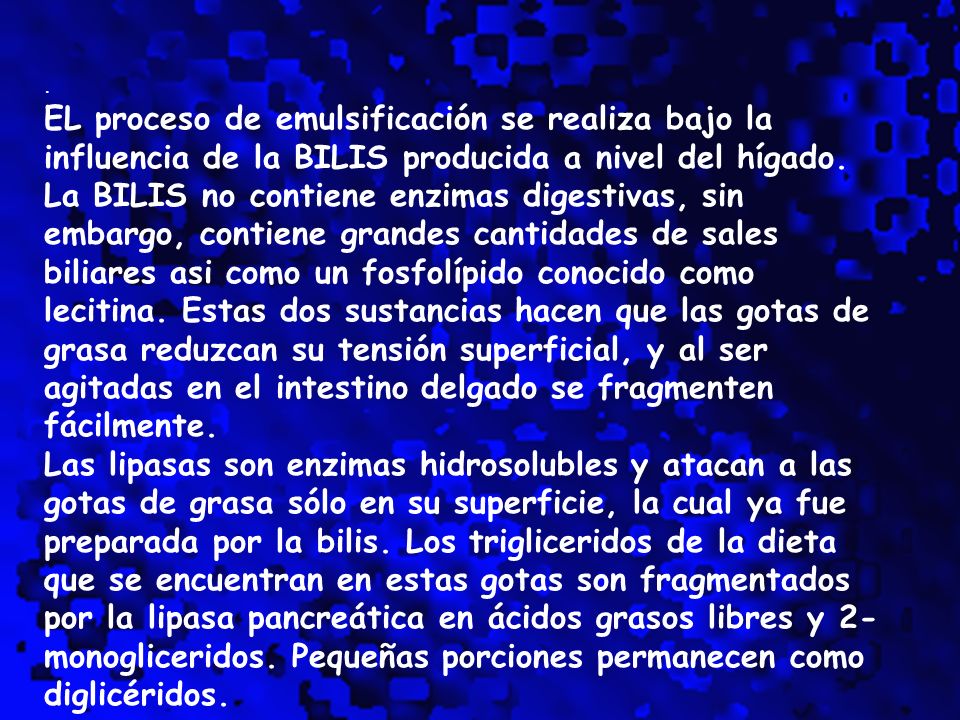 . EL proceso de emulsificación se realiza bajo la influencia de la BILIS producida a nivel del hígado.