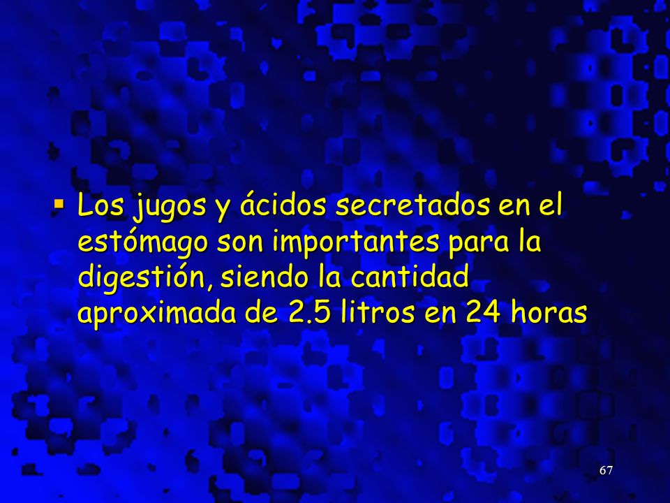 Los jugos y ácidos secretados en el estómago son importantes para la digestión, siendo la cantidad aproximada de 2.5 litros en 24 horas