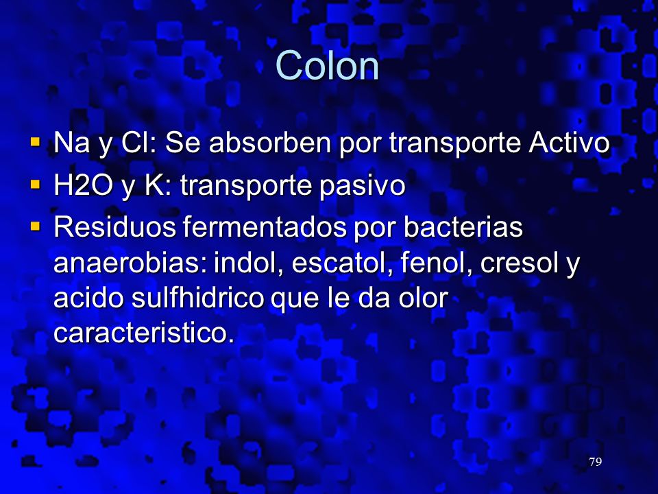 Colon Na y Cl: Se absorben por transporte Activo